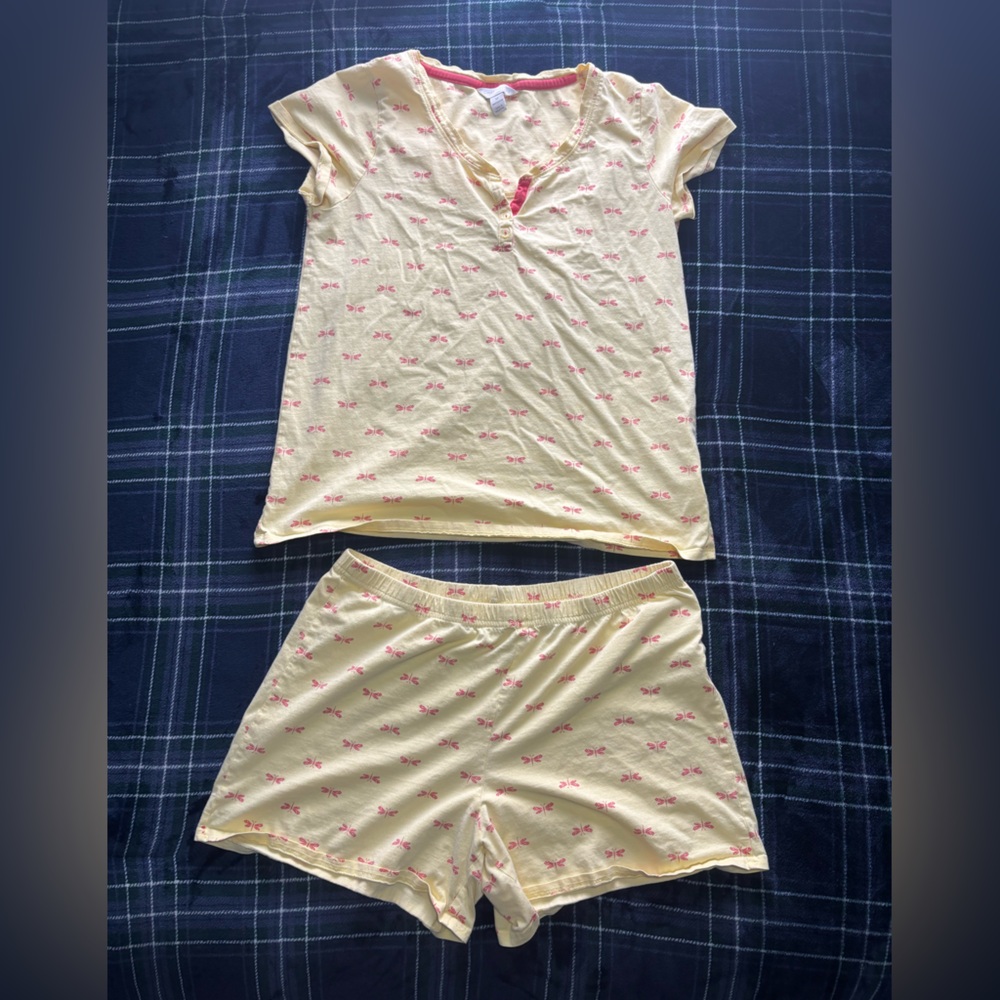 Charter Club butter Yellow + pink dragonfly pyjama set. 100% cotton! Size M.